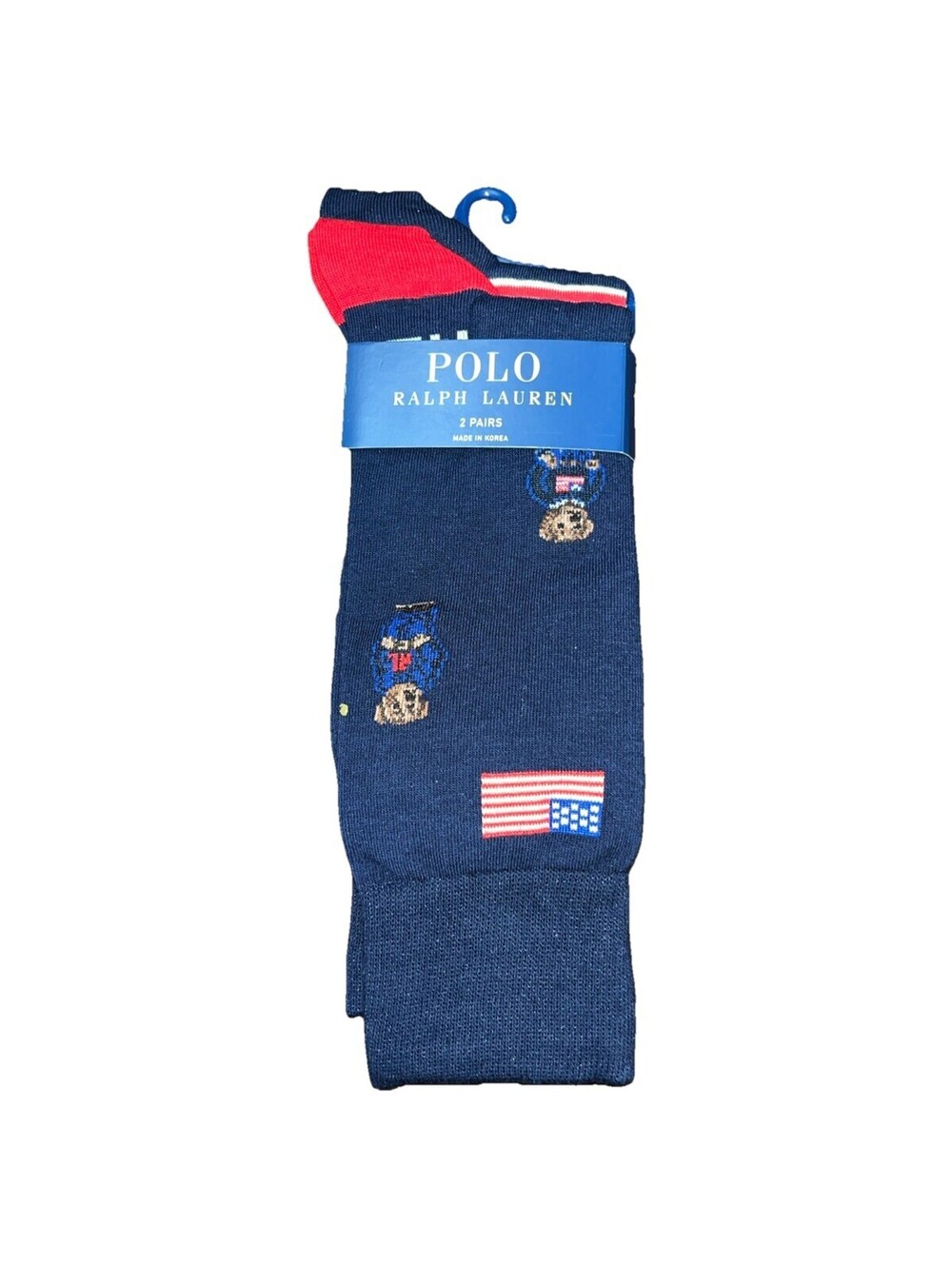 Polo Ralph Lauren 2 Pair USA Flag Bear/ Striped Cotton Blend Dress Socks New